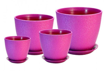 Горшки для цветов керамические с поддонами в наборе из 4-х Бутон Винил лиловый
